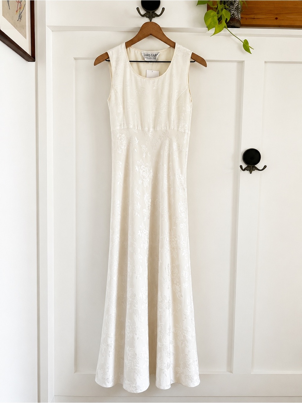 Vintage 90s Ivory Floral Jacquard Maxi Dress | Sleeveless Lined Dress